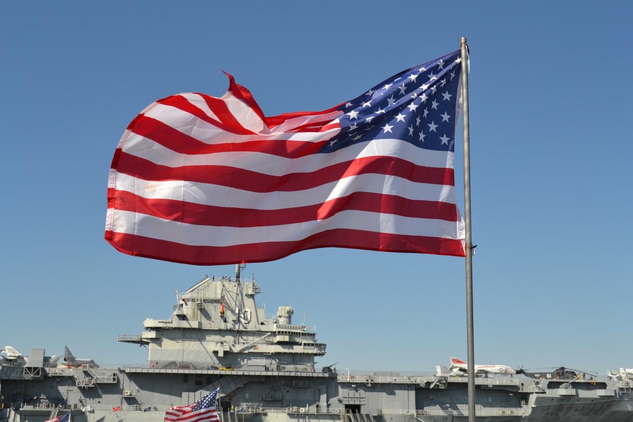 Stars and Stripes in front of the USS Yorktown in Charleston, South Carolina.